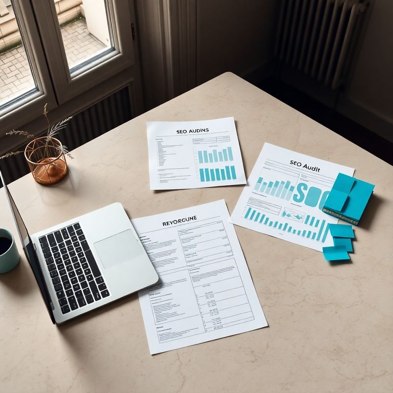 Documents d'audit SEO et ordinateur portable sur un bureau parisien lumineux